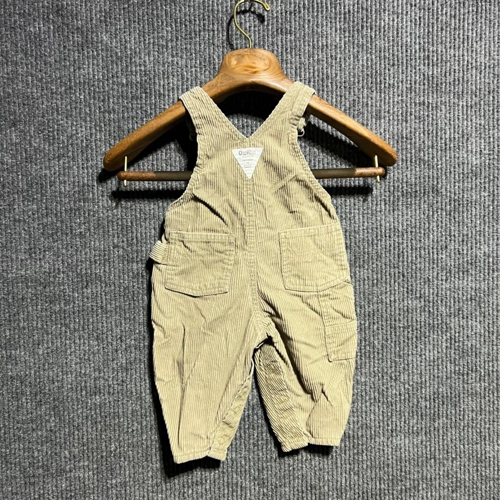 OshKosh B'gosh Corduroy Overalls Kids 12M Tan Khaki Bib Workwear Classic Cotton